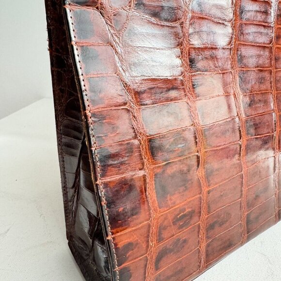 Vintage 50s 60s Crock Skin Brown medium Top Handle Bag - Picture 10 of 16